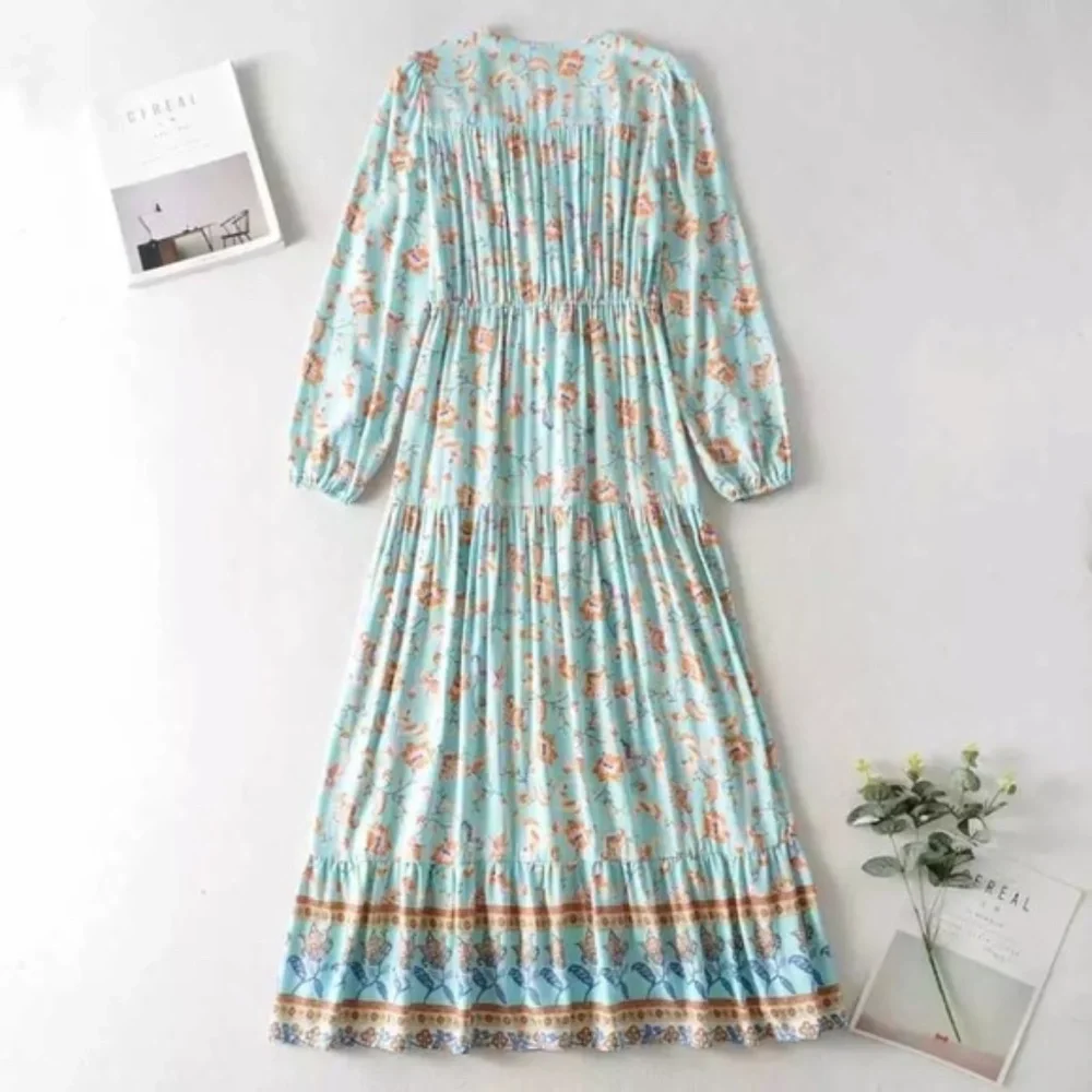 Bohemian Floral Light Blue Long Sleeve Dress - Picture 4 of 13